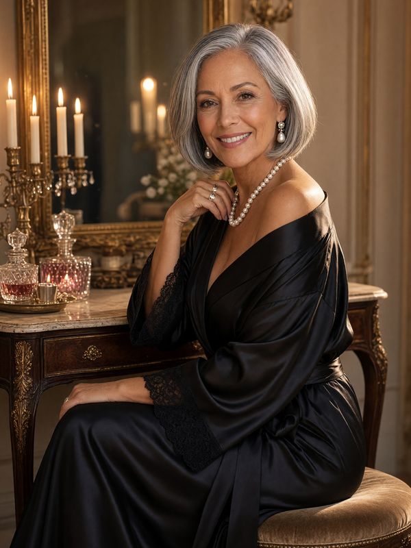 Margot Hale, in a black silk robe with lace cuffs slipping off one shoulder, sits at a candlelit antique vanity.