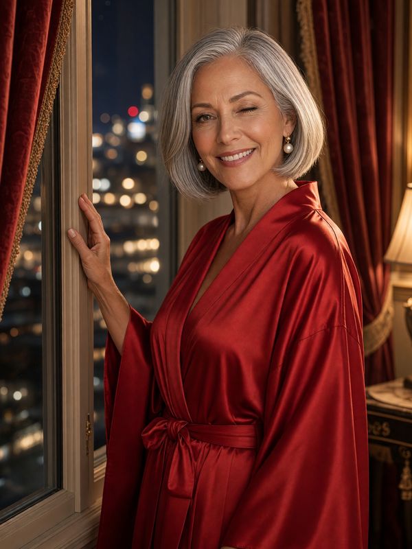 Margot Hale, in a scarlet silk kimono robe and pearl earrings, winks beside a hotel suite window at night.
