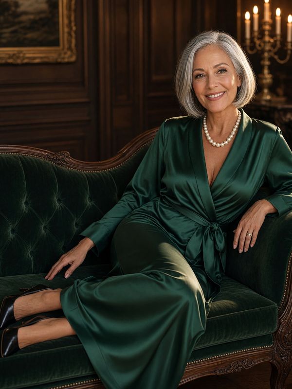 Margot Hale, in an emerald satin robe with pearls and black heels, reclines on a green velvet chaise.