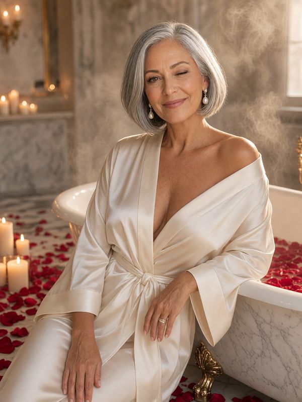 Margot Hale, in an ivory silk robe off one shoulder, leans on a clawfoot tub among candles and rose petals.