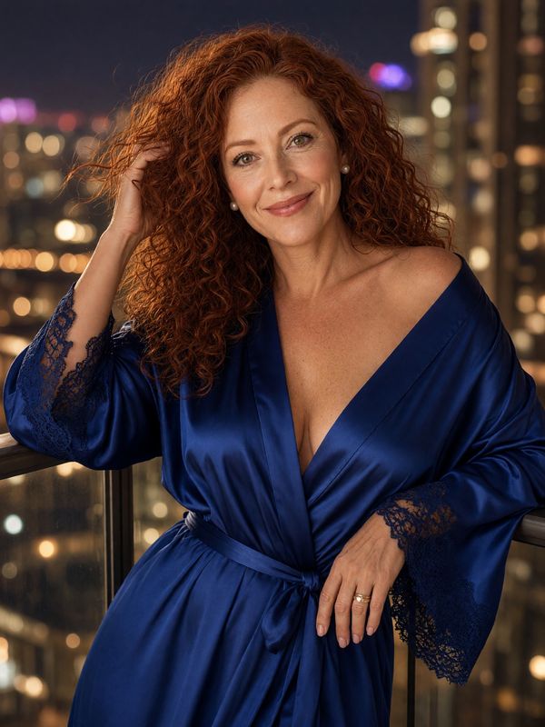 Ruby Hayes, in a sapphire blue silk robe slipping off one shoulder, leans on a balcony railing at night.